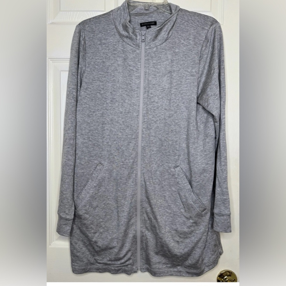 Woman EILEEN FISHER gray L/s Full Zipper Tunic Jacket  Sz Medium EUC Pockets